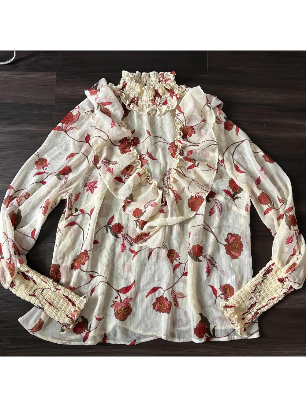 Eloquii Elements Blouse Womens 16 Brown Floral Ruffle Sheer Long Sleeve Boho Top